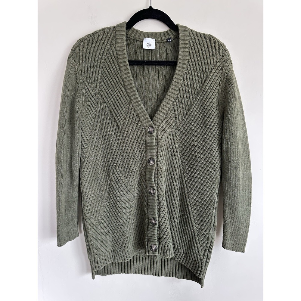 Cabi 100% Cotton Womens Olive Green Ribbed Cardigan Sweater Size Small‎ V-Neck